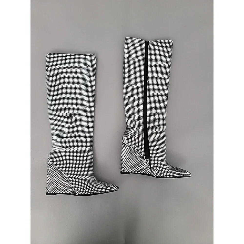 Gianni Bini Gabor Two Rhinestone Pointed Toe Tall Wedge Boots Size 7M